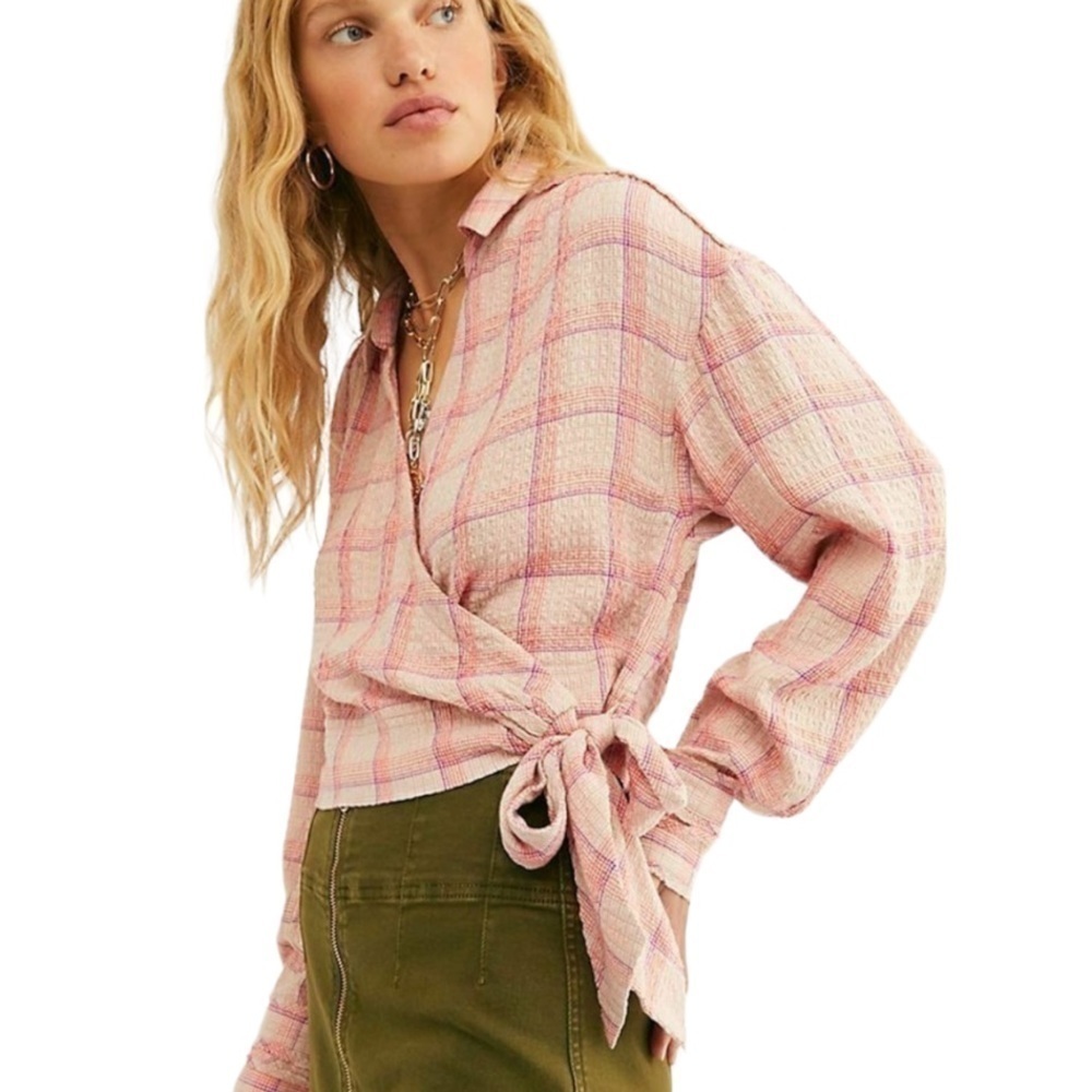 Free People Running Wild Long Sleeve Plaid Wrap Top Size Large Women